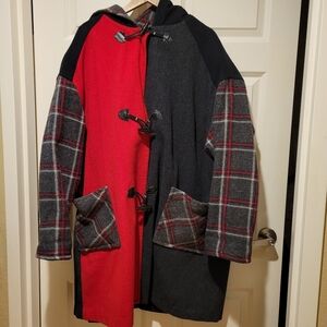 Christian Cole Hooded Vintage Heavy Pea Coat Red Black Gray Plaid Shoulder Pads